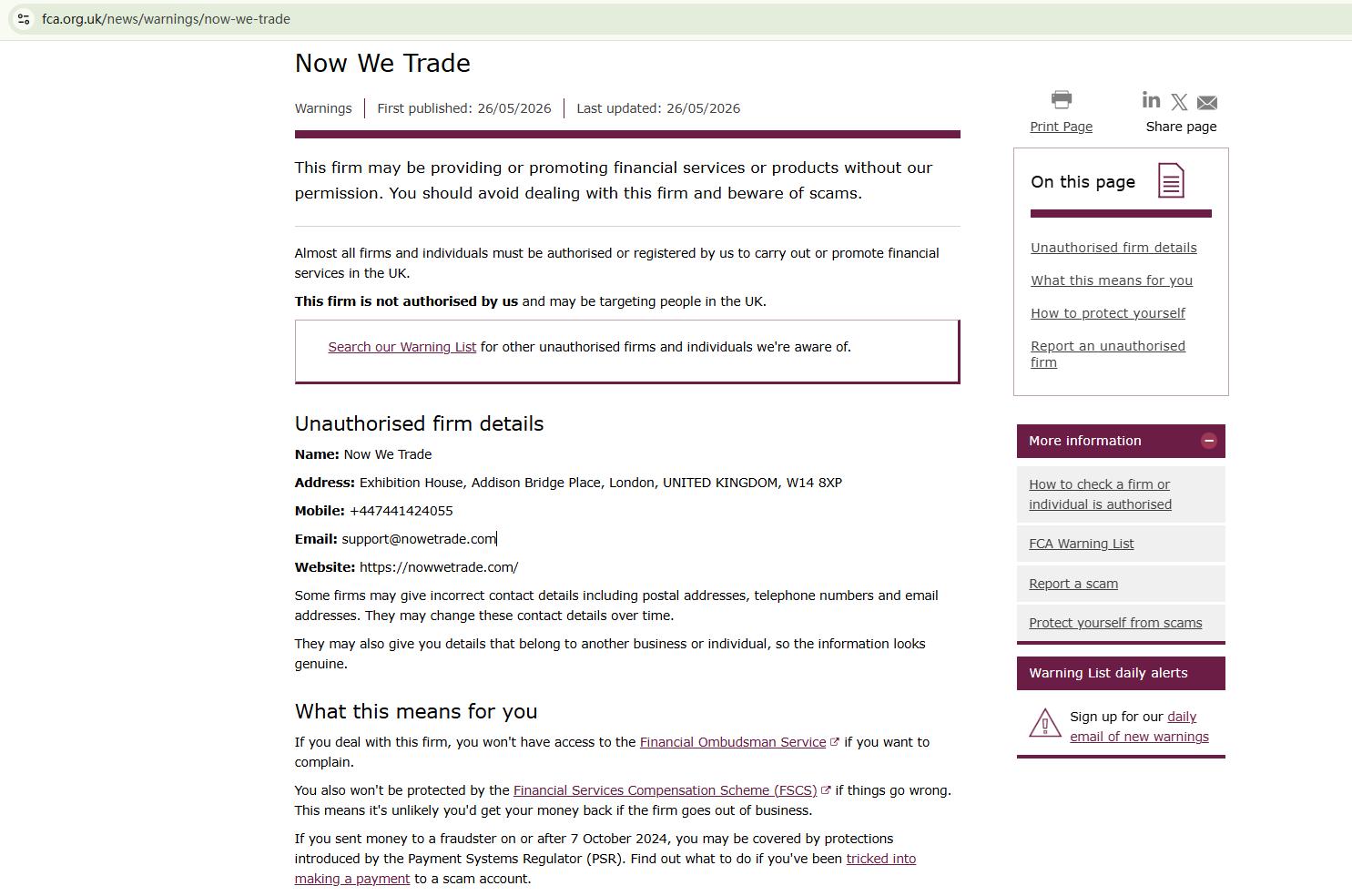 Avertissement FCA Now We Trade